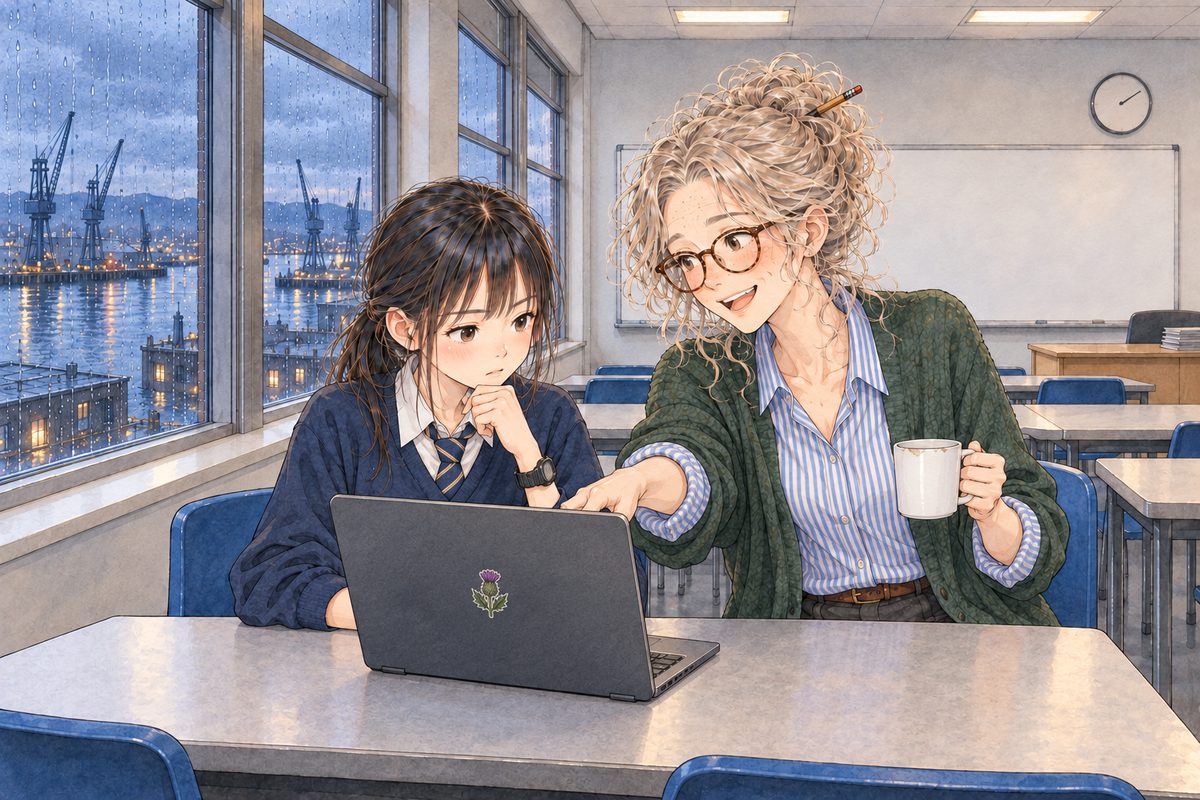 THIS PANEL IS IN EDINBURGH, SCOTLAND, NOT Bridge City: grey stone tenements and slate roofs by the grey North Sea, nothing Chinese outside the window. Thursday after school in Edinburgh, early dusk in the windows, the room lights on. Xiaoyu sits at her desk with her laptop, its screen facing her, showing a plain table of small boxes, NO letters; Ms Rennie pulls up a chair beside her, mug in one hand, pointing at the screen with the other. Two faces in the middle band. The dusky windows and wall above are the quiet area.