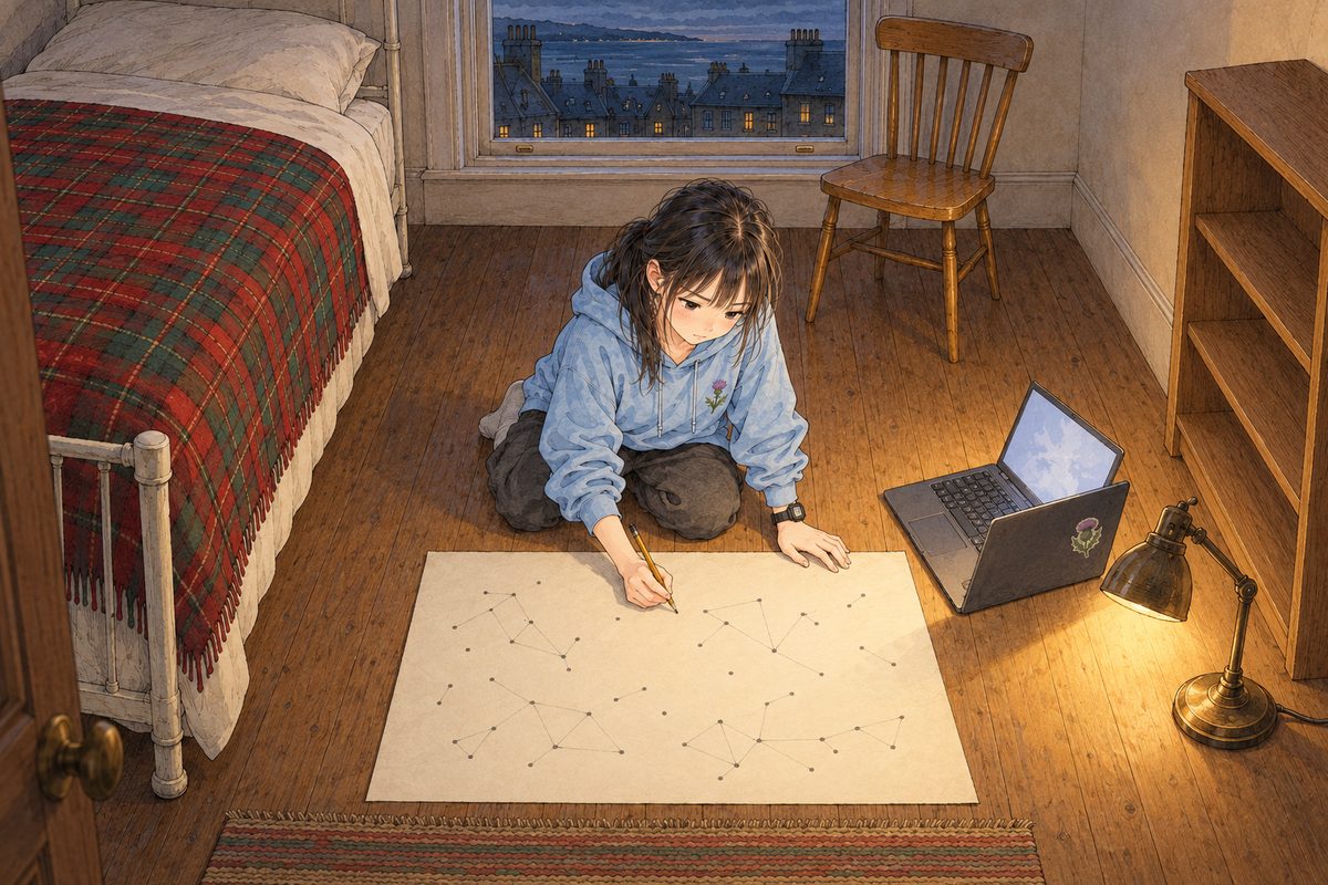 THIS PANEL IS IN EDINBURGH, SCOTLAND, NOT Bridge City: grey stone tenements and slate roofs by the grey North Sea, nothing Chinese outside the window. A Saturday evening in October in Edinburgh, the window dark blue, the reading lamp moved onto the floor beside the paper. The big cream sheet of the word map lies on the floorboards; Xiaoyu, in her sky-blue hoodie, kneels at its edge with a pencil, putting down a dot, her open laptop beside her. The paper is covered in small pencil dots in a few loose clusters with a blank space beside each, NO letters. Her face, seen from above, in the middle band. The dark floor at the top of the panel is the quiet area.