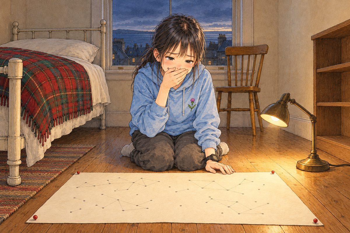 THIS PANEL IS IN EDINBURGH, SCOTLAND, NOT Bridge City: grey stone tenements and slate roofs by the grey North Sea, nothing Chinese outside the window. Saturday evening in Edinburgh, the window dark blue, the lamp on the floor lighting her from below. Xiaoyu sits back on her heels at the edge of the map, her hand over her mouth, crying and smiling at once, looking down at the paper. Her face in the middle of the panel. The dark window above her is the quiet area.