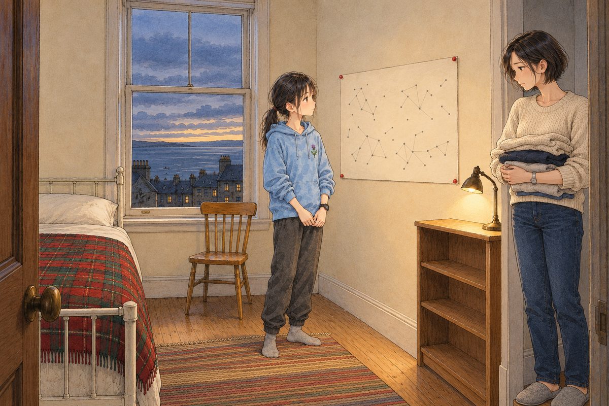 THIS PANEL IS IN EDINBURGH, SCOTLAND, NOT Bridge City: grey stone tenements and slate roofs by the grey North Sea, nothing Chinese outside the window. Sunday evening in Edinburgh, dusk blue in the window over the sea, the reading lamp on. The word map is now pinned flat on the cream wall to the right of the window with four red drawing pins, its pencil dots and faint lines, NO letters. Xiaoyu stands beside it in her sky-blue hoodie. Mama has stopped in the doorway on the right with a pile of folded washing in her arms, looking at the map. Two faces in three-quarter, in the middle band. The wall and ceiling above the map are the quiet area.