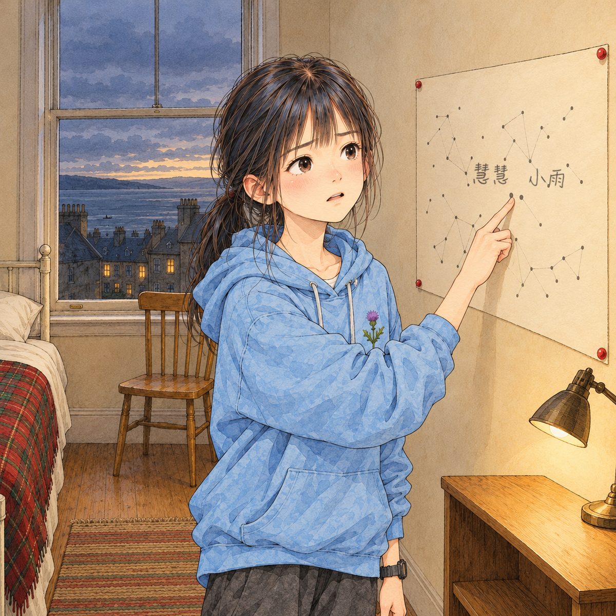THIS PANEL IS IN EDINBURGH, SCOTLAND, NOT Bridge City: grey stone tenements and slate roofs by the grey North Sea, nothing Chinese outside the window. Sunday dusk, lamplight. Xiaoyu touches two dots near the middle of the map with one fingertip and looks RIGHT at Mama off panel, earnest. Her face in the middle of the panel. The map below her hand is the quiet area.