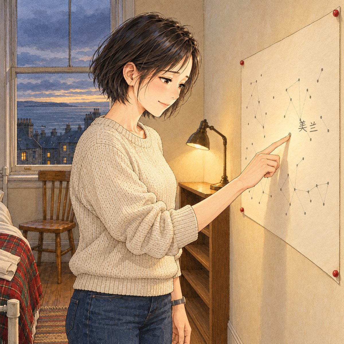 THIS PANEL IS IN EDINBURGH, SCOTLAND, NOT Bridge City: grey stone tenements and slate roofs by the grey North Sea, nothing Chinese outside the window. Sunday dusk, lamplight on her face. Mama has put the washing down on the bed and stands close to the map, touching a dot with one finger, looking at it, not at Xiaoyu, a slow smile starting. Her face in the middle of the panel. The map below is the quiet area.