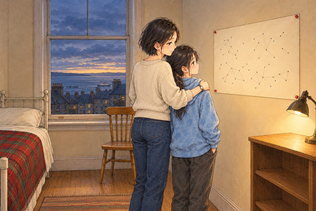 THIS PANEL IS IN EDINBURGH, SCOTLAND, NOT Bridge City: grey stone tenements and slate roofs by the grey North Sea, nothing Chinese outside the window. Sunday dusk, the sea dark blue in the window, the lamp warm. Mama and Xiaoyu stand side by side before the pinned map, Mama's arm round Xiaoyu's shoulders, Xiaoyu's head against her; both faces in soft three-quarter, turned to the map, calm. Two faces in the middle band. The dark window and wall above are the quiet area.