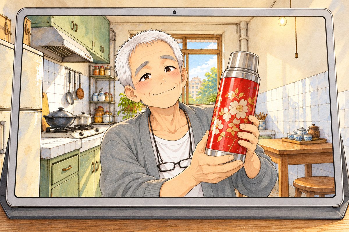 On the tablet screen, Bridge City on a Wednesday afternoon, warm gold light through the small kitchen window. Grandpa holds up the red-and-gold flowered thermos in both hands to the camera like a prize, proud. His face in the middle of the screen beside the thermos. The tiled wall above is the quiet area.