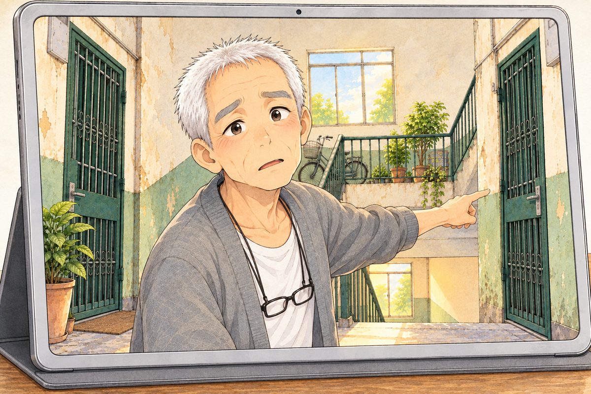 On the tablet screen, the Bridge City stairwell in the afternoon, gold light through the landing window. Grandpa stands on the landing and points at the next door along, a plain green door, closed, his face turned back to the camera, a little puzzled. His face in the middle of the screen. The stairs below are the quiet area.