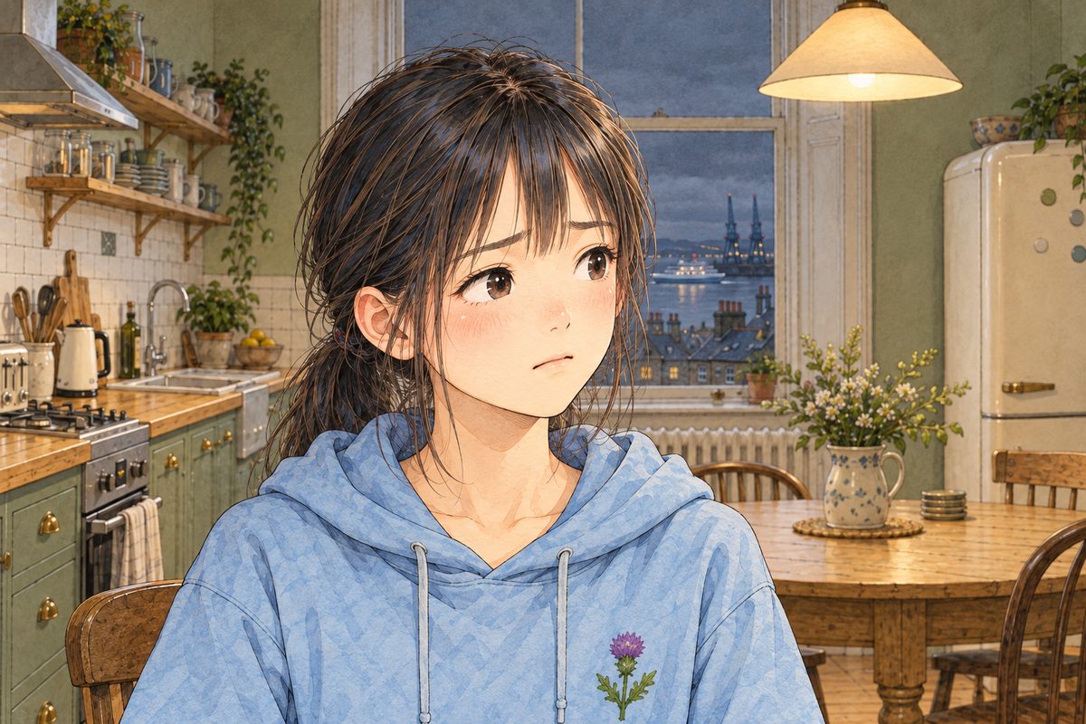 THIS PANEL IS IN EDINBURGH, SCOTLAND, NOT Bridge City: grey stone tenements and slate roofs by the grey North Sea, nothing Chinese outside the window. Edinburgh, Wednesday morning, still dark in the window, the lamp on. Xiaoyu's smile falters; she looks RIGHT at the tablet off panel, then away. Her face in the middle of the panel. Her school jumper below is the quiet area.