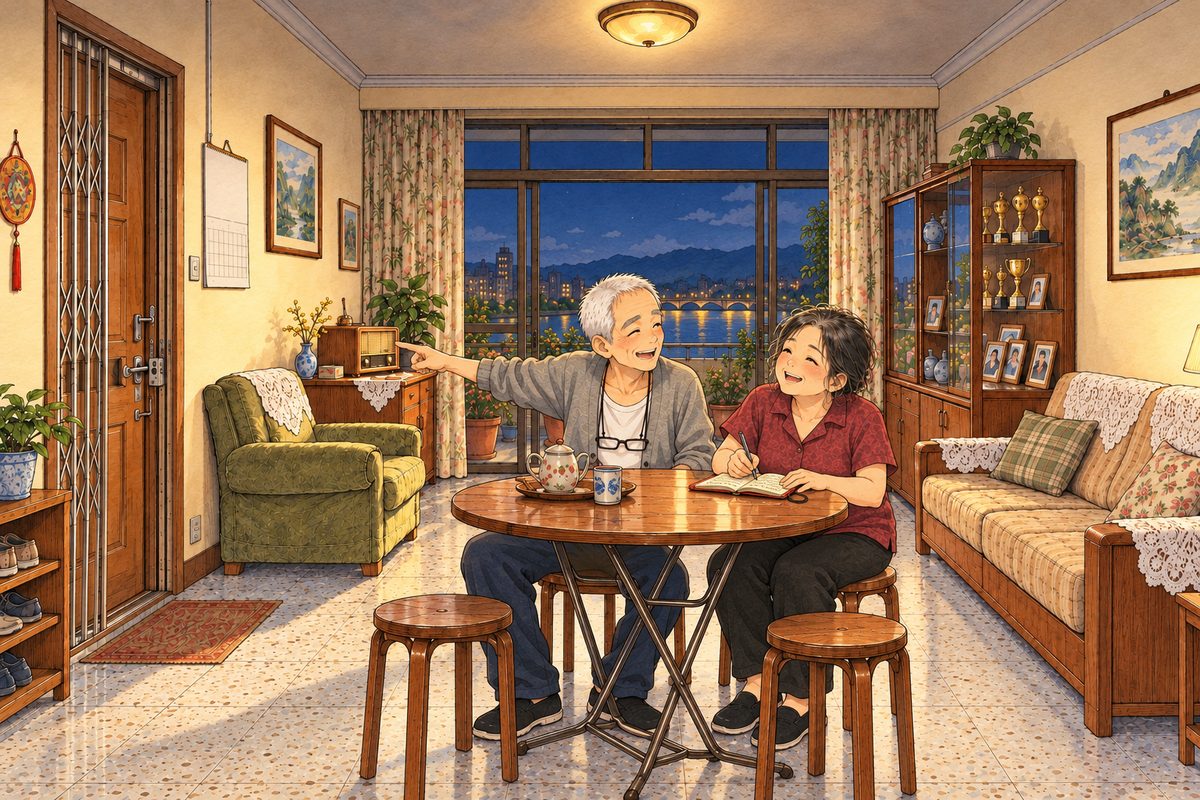 Bridge City, an evening in late October, a warm lamp on in the living room, the balcony doors dark blue. Grandpa sits at the round folding table with his glass of tea, NOT by the door; he points at the radio, teaching, and Auntie Zhang, sitting beside him in her plum-red blouse, writes the word in his little red notebook for him, both of them laughing. Two faces in the middle band. The dim ceiling above the lamp is the quiet area.