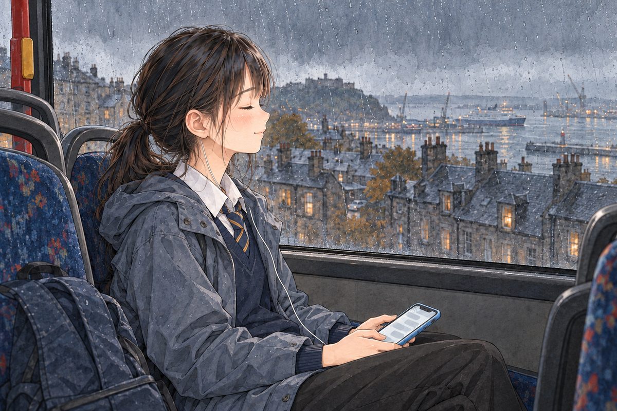 THIS PANEL IS IN EDINBURGH, SCOTLAND, NOT Bridge City: grey stone tenements and slate roofs by the grey North Sea, nothing Chinese outside the window. An Edinburgh bus on a dark, rainy late-October morning, the top deck almost empty and dim, rain streaking the window and the harbour lights blurred beyond it. Xiaoyu sits by the window in her navy school jumper with her raincoat open over it, one white wired earphone in her LEFT ear, her pale-blue phone in her lap, her eyes shut, smiling a little. Her face in profile in the middle of the panel. The dark streaked window above is the quiet area.