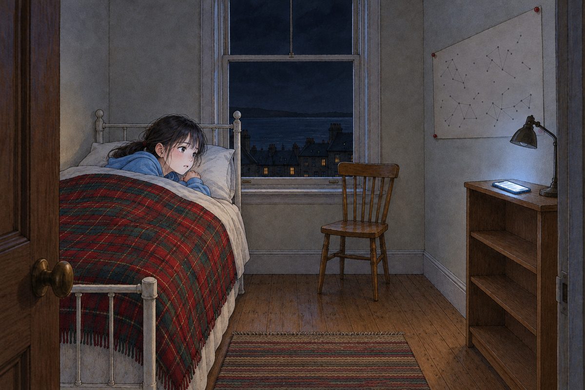 THIS PANEL IS IN EDINBURGH, SCOTLAND, NOT Bridge City: grey stone tenements and slate roofs by the grey North Sea, nothing Chinese outside the window. A Tuesday night in mid-November in Edinburgh, ten o'clock, the window black, the word map a pale shape on the wall. Xiaoyu lies in the single bed under the tartan blanket; her pale-blue phone on the shelf beside her has just lit up, and she turns her head towards it. Her face in the middle of the panel, lit faintly blue. The dark wall above is the quiet area.