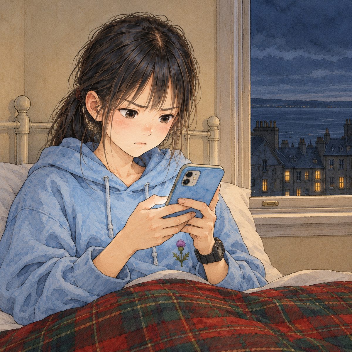 THIS PANEL IS IN EDINBURGH, SCOTLAND, NOT Bridge City: grey stone tenements and slate roofs by the grey North Sea, nothing Chinese outside the window. Night, the phone's light on her face. Xiaoyu sits up in bed and scrolls with her thumb, frowning, puzzled, her black watch on her LEFT wrist. Her face in the middle of the panel. The blanket below is the quiet area.