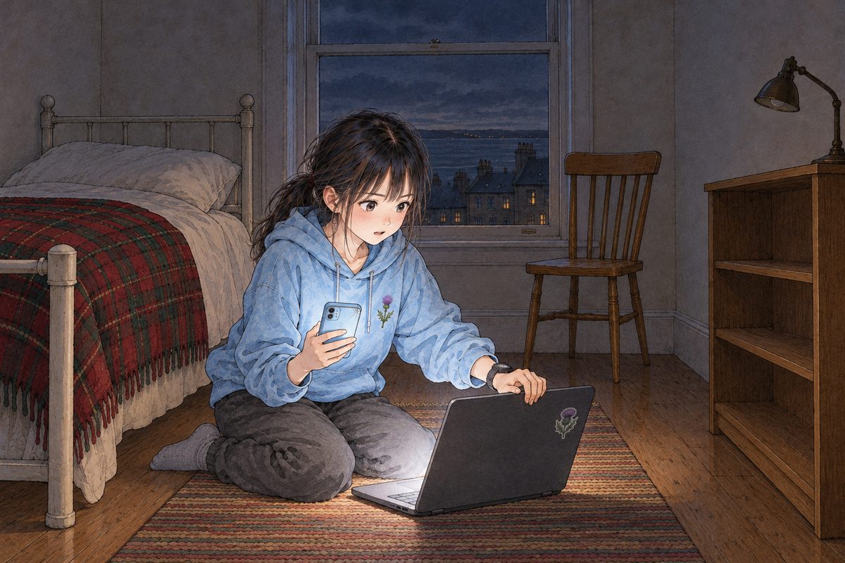 THIS PANEL IS IN EDINBURGH, SCOTLAND, NOT Bridge City: grey stone tenements and slate roofs by the grey North Sea, nothing Chinese outside the window. Night in Edinburgh, only the phone light and now the laptop's. Xiaoyu has jumped out of bed in her sky-blue hoodie and grey socks and kneels on the floor by the bed, flipping open her dark grey laptop, the phone in her other hand, her face lit up with an idea. Her face in the middle of the panel. The dark window above is the quiet area.