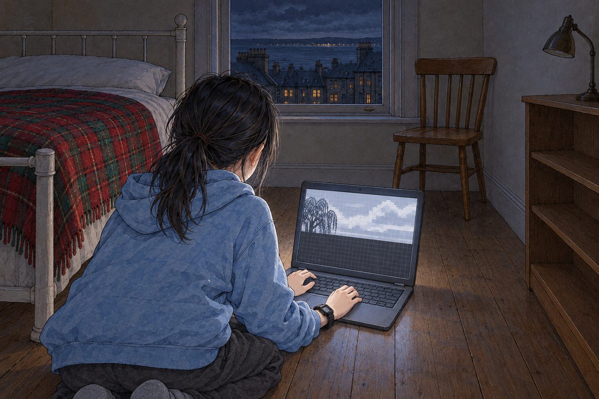 THIS PANEL IS IN EDINBURGH, SCOTLAND, NOT Bridge City: grey stone tenements and slate roofs by the grey North Sea, nothing Chinese outside the window. Night in Edinburgh, the laptop the only light. Over Xiaoyu's shoulder (her ponytail at the bottom left, her face NOT seen), the laptop screen in the middle shows her chessboard program's window filling with a small grey picture made of visible square pixels, still half drawn, the top rows done and the bottom rows dark. NO letters on the screen. The dark wall above the screen is the quiet area.