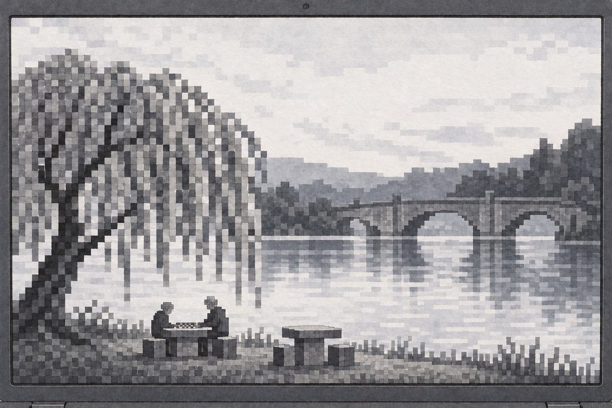 THIS PANEL IS IN EDINBURGH, SCOTLAND, NOT Bridge City: grey stone tenements and slate roofs by the grey North Sea, nothing Chinese outside the window. The finished picture on the screen, made of 48 by 32 visible grey square pixels, from black to white: a lake under a pale sky, an old stone bridge across it, a willow on the near shore, and under the willow two square stone tables, at one of which sit two tiny grey figures facing each other over a board. Simple and blocky but unmistakable. NO letters. The pale sky at the top of the picture is the quiet area.