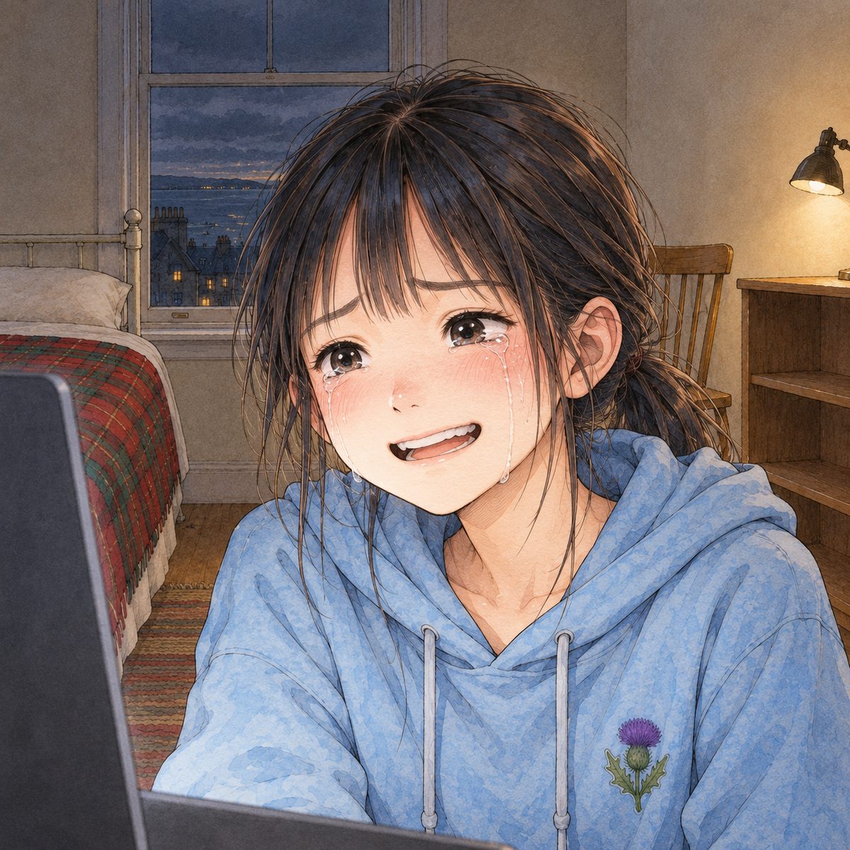THIS PANEL IS IN EDINBURGH, SCOTLAND, NOT Bridge City: grey stone tenements and slate roofs by the grey North Sea, nothing Chinese outside the window. Night in Edinburgh, the laptop's grey light on her face. Xiaoyu, kneeling on the floor, looks at the screen off panel to the LEFT with tears running and a wide, wobbling smile. Her face in the middle of the panel. Her hoodie below is the quiet area.
