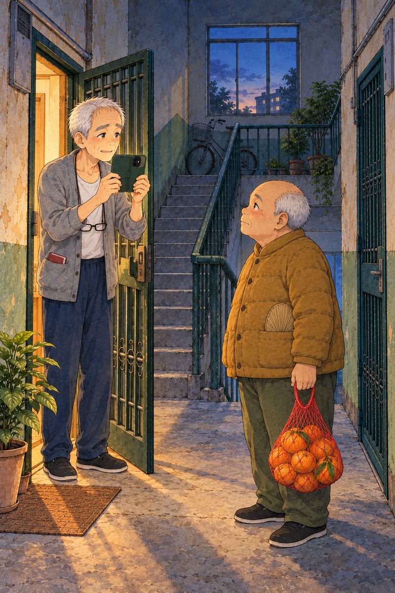 Dusk in the stairwell in early spring, the bulb on the landing ceiling DEAD with no glow, only the last cold blue light from the high window and a warm lamp glow from inside Grandpa's flat behind him. Grandpa Chen in his grey cardigan stands just inside his front door on the LEFT, behind his open dark green metal security gate, holding his phone in its dark green flip cover up in front of his chest in both hands the way you take a photo, its screen towards HIM and its glow lighting his face from below; he looks over the top of the phone with hope and fear at once. On the dim landing on the RIGHT, Uncle Wu in his mustard padded jacket waits, round and still, a red string net bag of oranges hanging from one hand, his kind face half in shadow, looking at Grandpa. Two faces in the middle band. The dark upper stairwell and the high window above them are the quiet area for the title.