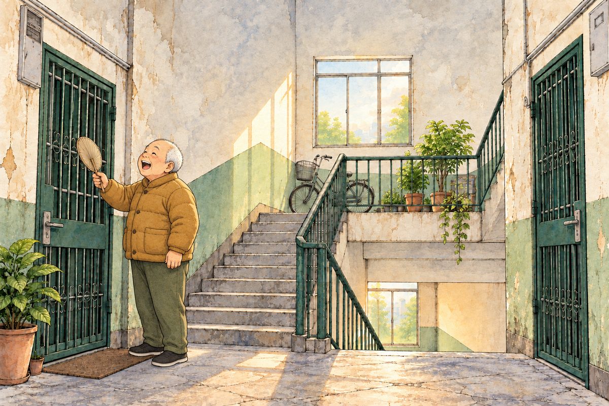 Seven o'clock on a cool March morning in Bridge City, grey-gold early light from the high window. Uncle Wu in his mustard padded jacket, his palm-leaf fan in his hand, stands at Grandpa's dark green metal security gate on the LEFT and raps on the bars with the fan, cheerful, calling out with his mouth wide; behind the bars Grandpa's front door is shut. The door on the RIGHT, Haoran's family's, is shut. Uncle Wu's face in three-quarter in the middle band. The high window and the pale wall above are the quiet area.