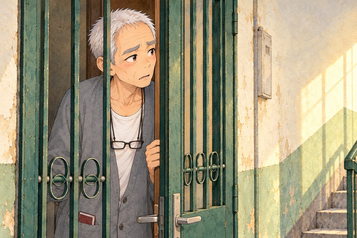 Early morning, grey-gold light on the landing. Grandpa has opened his front door a hand's width and looks out through the dark green gate bars, to the RIGHT at Uncle Wu off panel; he is in his grey cardigan, his glasses on their cord at his chest, polite and wary, his eyebrows drawn together as at a stranger. His face in the middle of the panel. The door and his cardigan below are the quiet area.