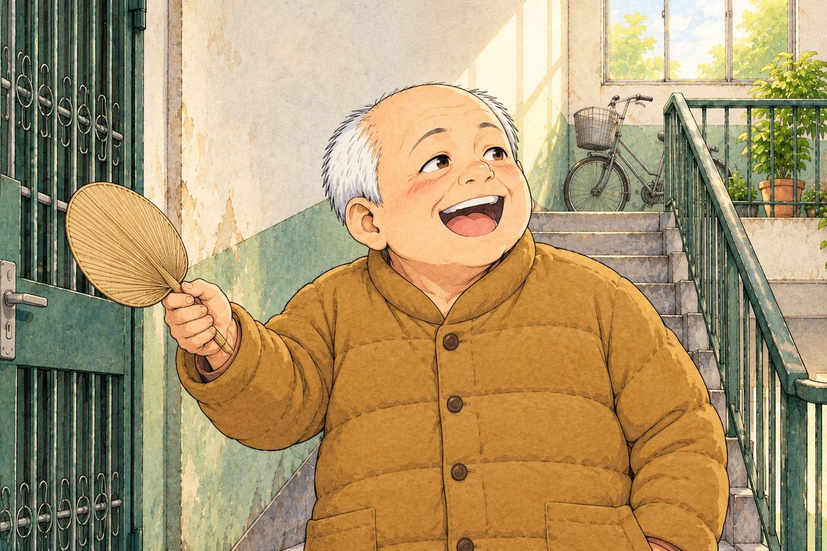 Early morning, grey-gold light. Uncle Wu laughs, sure it is one of Grandpa's jokes, waggling his palm-leaf fan at the gate, looking LEFT at Grandpa off panel. His face in the middle of the panel. His mustard jacket below is the quiet area.