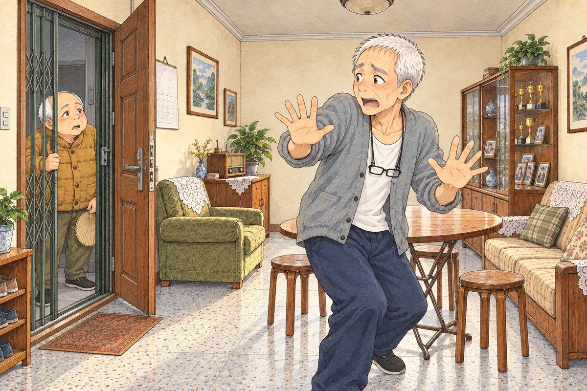 Early morning, grey light through the balcony doors behind us, the lamp off. Inside the flat, Grandpa backs away from his open front door towards us, stumbling past the round folding table, both big hands up in front of him, shouting in fear; at the door on the LEFT, beyond the dark green gate bars, Uncle Wu stands stunned, one hand on the bars, his fan hanging. Grandpa's face nearer, in the middle right; Uncle Wu small at the left. The dim ceiling and cream wall above are the quiet area.