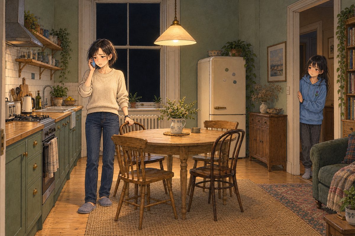 Friday midnight in Edinburgh, the tall sash window black, only the low lamp over the round table on. Mama in her oatmeal jumper stands by the window with her own phone to her ear, her other hand gripping the back of a chair, her face tight. In the hall doorway on the RIGHT, Xiaoyu in her sky-blue hoodie, just woken, her hair loose and messy, holds the door frame and listens. Two faces in the middle band. The black window and high ceiling above are the quiet area.