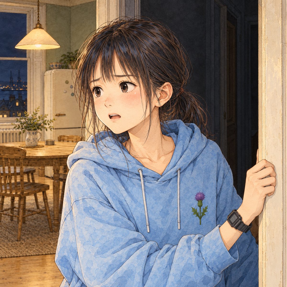 Edinburgh midnight, the hall dark behind her, lamplight on her face. Xiaoyu, wide awake now, holds the door frame and looks LEFT at Mama off panel, urgent, her black watch on her LEFT wrist. Her face in the middle of the panel. Her hoodie below is the quiet area.