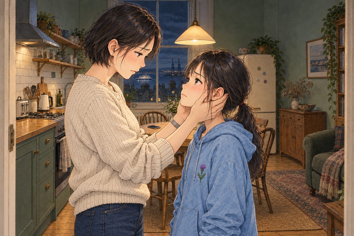 Edinburgh midnight, the lamp low behind them. Mama, her phone now on the table, stands in the doorway and holds Xiaoyu's face in both hands, tired and tender, looking down into her eyes; Xiaoyu, a head shorter (she reaches Mama's eyes), looks up at her, stubborn and close to tears. Two faces in the middle band. The dark door frame and wall above them are the quiet area.