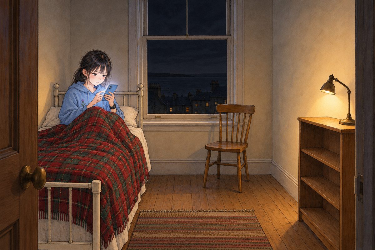 One o'clock in the morning in Edinburgh, the tall window black, the reading lamp on the shelf making one warm pool. Xiaoyu sits up in the single bed under the red-and-green tartan blanket, her knees up, holding her pale-blue phone in both hands, its screen facing her, writing on it with her RIGHT forefinger; her black watch on her LEFT wrist. Her face in the middle of the panel, lit by the screen. The dark wall above is the quiet area.