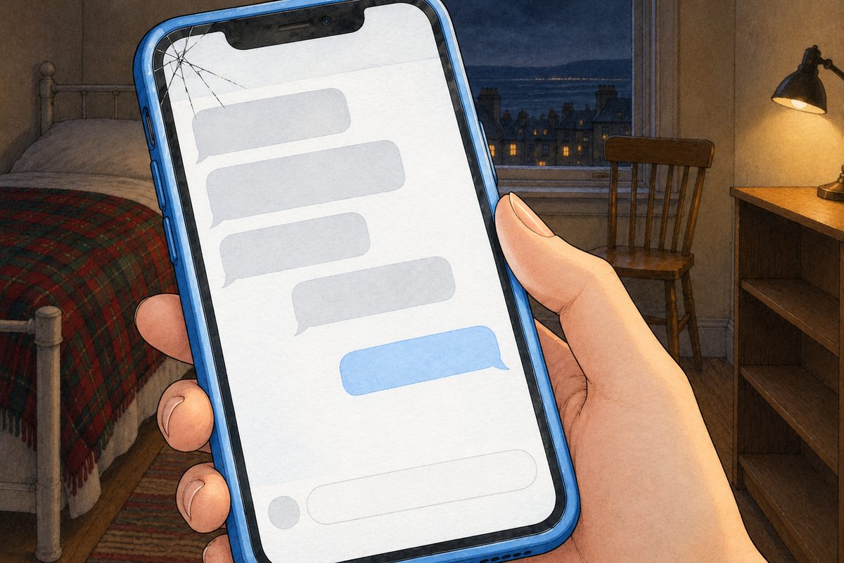 Night, the phone bright in the dark. The screen fills the panel: a plain chat, a handwriting box at the bottom, and one pale-blue bubble on the right that she has just sent. NO letters painted.