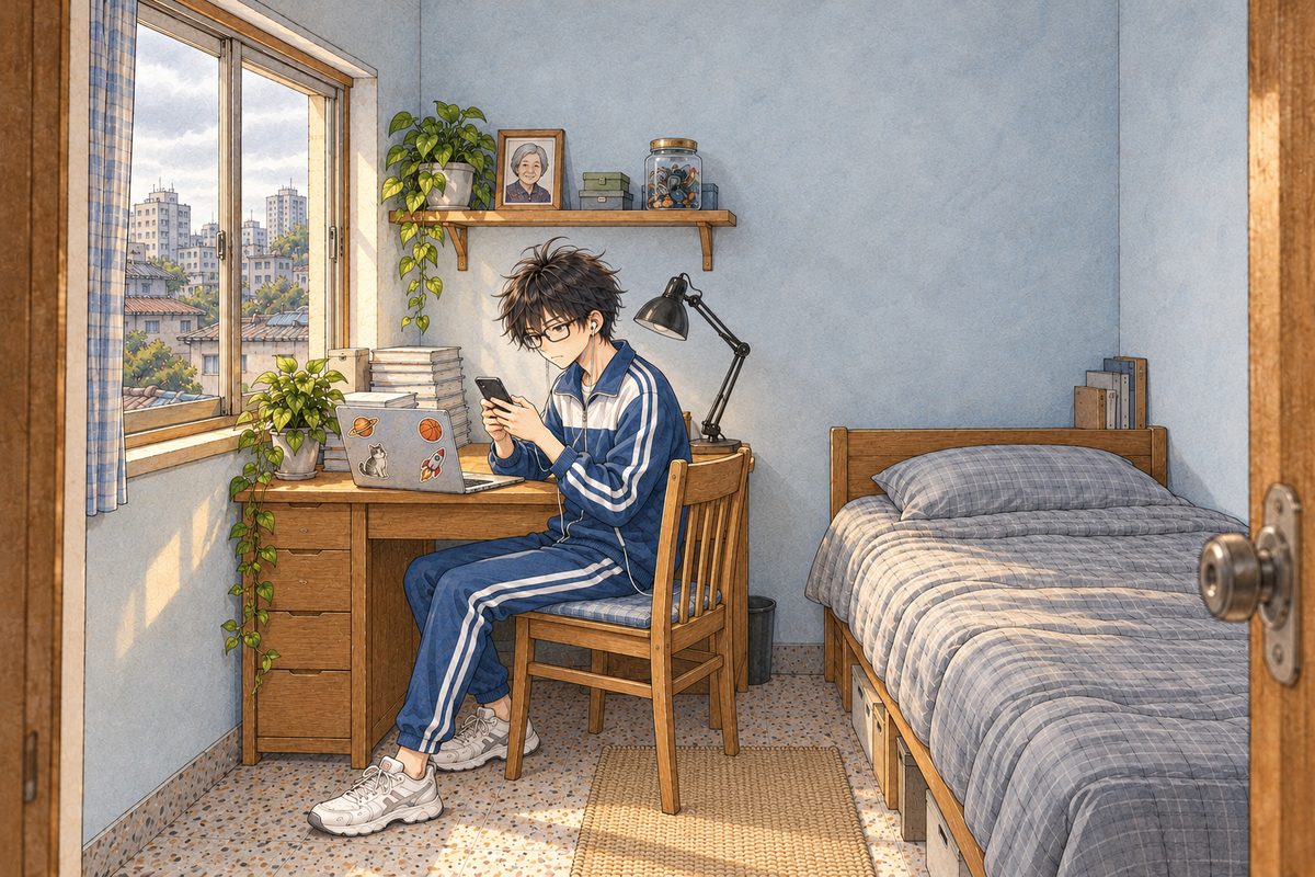Nine o'clock on a Saturday morning in Bridge City, flat grey-gold light through the small window on the LEFT. Haoran, fourteen, in his navy school tracksuit, sits at his desk under the window, turned three-quarters towards the VIEWER'S LEFT, so we see his LEFT ear with the one white wired earbud in it; his silver sticker-covered laptop is open in front of him, its screen facing him, and he types on his black phone with his RIGHT thumb, frowning, determined. Tall piles of plain school exam books are shoved to one side of the desk. On the shelf above, a small framed photo of his late grandma. His face in the middle of the panel. The pale wall above the window is the quiet area.