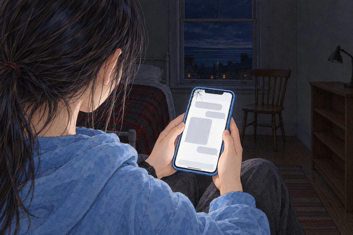 Night in Edinburgh, only the phone's light. Over Xiaoyu's RIGHT shoulder (her loose hair and the shoulder of her sky-blue hoodie at the bottom left, her face NOT seen), her phone in both hands shows a new, longer grey bubble on the left. NO letters painted. The dark room above the phone is the quiet area.