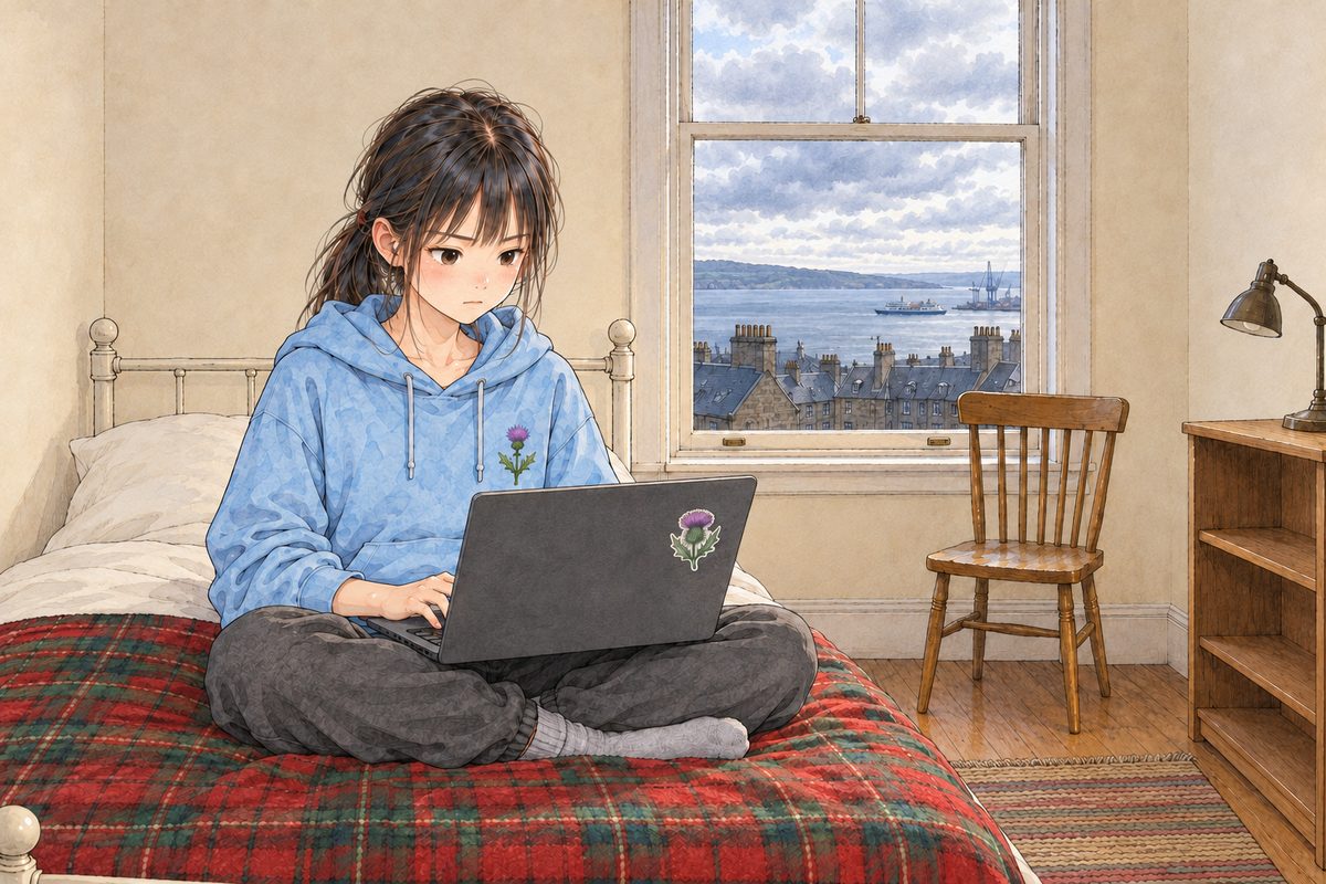 Saturday afternoon in Edinburgh, flat bright cold light from the window, a raw wind moving the clouds. Xiaoyu sits cross-legged on the tartan blanket in her sky-blue hoodie with her dark grey laptop on her knees, its screen facing her, its thistle sticker towards us, typing, absorbed; her black watch on her LEFT wrist. Her face in the middle of the panel. The cream wall above her is the quiet area.
