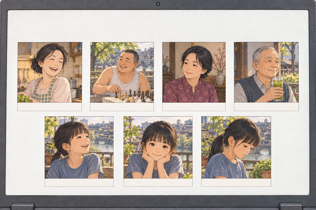Saturday afternoon. The laptop screen fills the panel: a neat grid of small square photos, each a simple manga snapshot in the same fine pen and watercolour, with a thin blank pale strip under each one: Mama laughing in a kitchen, Uncle Wu in his white vest at a stone chess table in the sun, Auntie Zhang in her plum blouse, Grandpa with his tall glass of green tea, and three of an eleven-year-old girl with a straight fringe and a low ponytail in a faded blue t-shirt, on a sunny balcony. Every strip BLANK. NO letters painted.
