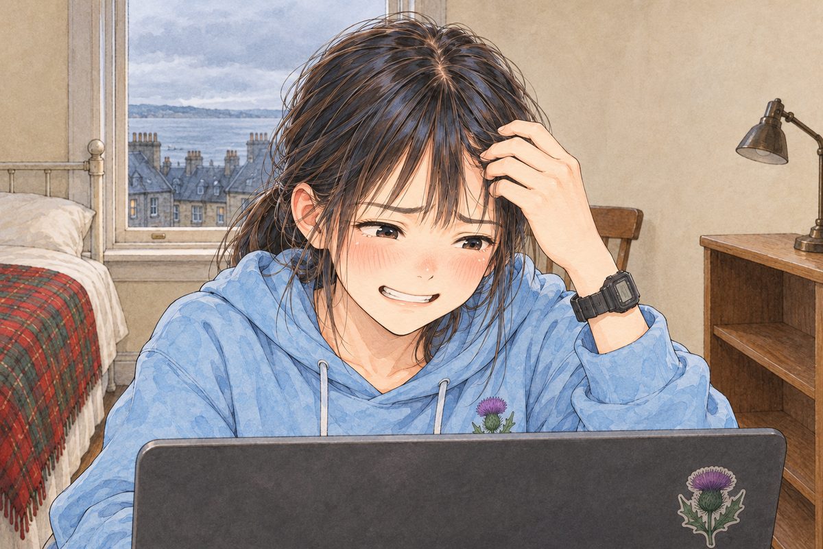 Saturday afternoon, cold window light. Xiaoyu leans close to the screen below the panel and screws up her face, half laughing, half embarrassed, one hand pushing her own fringe aside. Her face in the middle of the panel. The laptop's edge below is the quiet area.