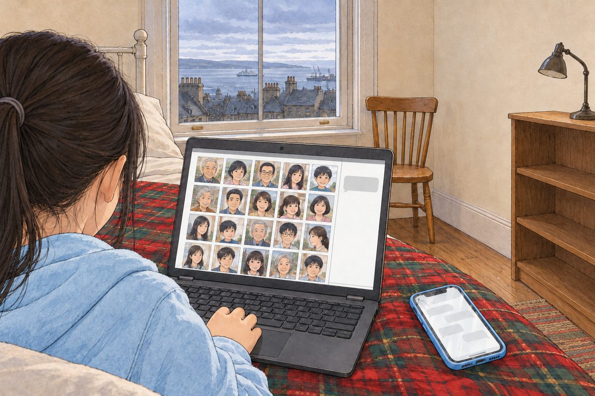 Saturday afternoon, cold window light. Over Xiaoyu's LEFT shoulder (the back of her ponytail and hoodie at the bottom left, her face NOT seen), the laptop screen shows the grid of small photos with a narrow chat window open at its right edge, one pale-grey bubble in it; NO letters painted. The cream wall above the laptop is the quiet area.