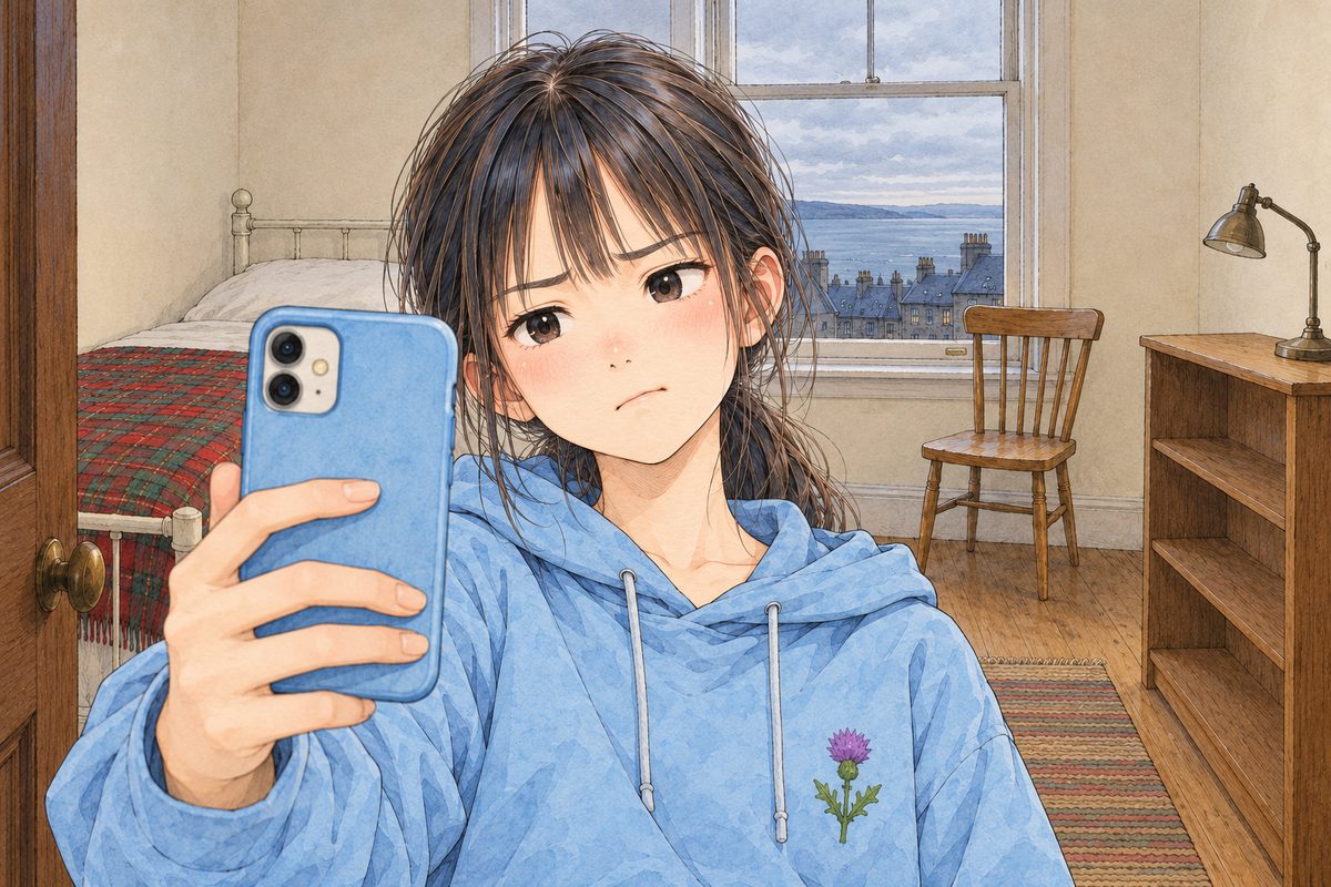 Saturday afternoon, flat cold light. Xiaoyu holds her pale-blue phone up in her RIGHT hand at arm's length the ordinary selfie way, its screen facing her, its back towards us, and looks at herself in it with a sour little face, her mouth pulled to one side, already lowering it. Her face in the middle of the panel. Her hoodie below is the quiet area.