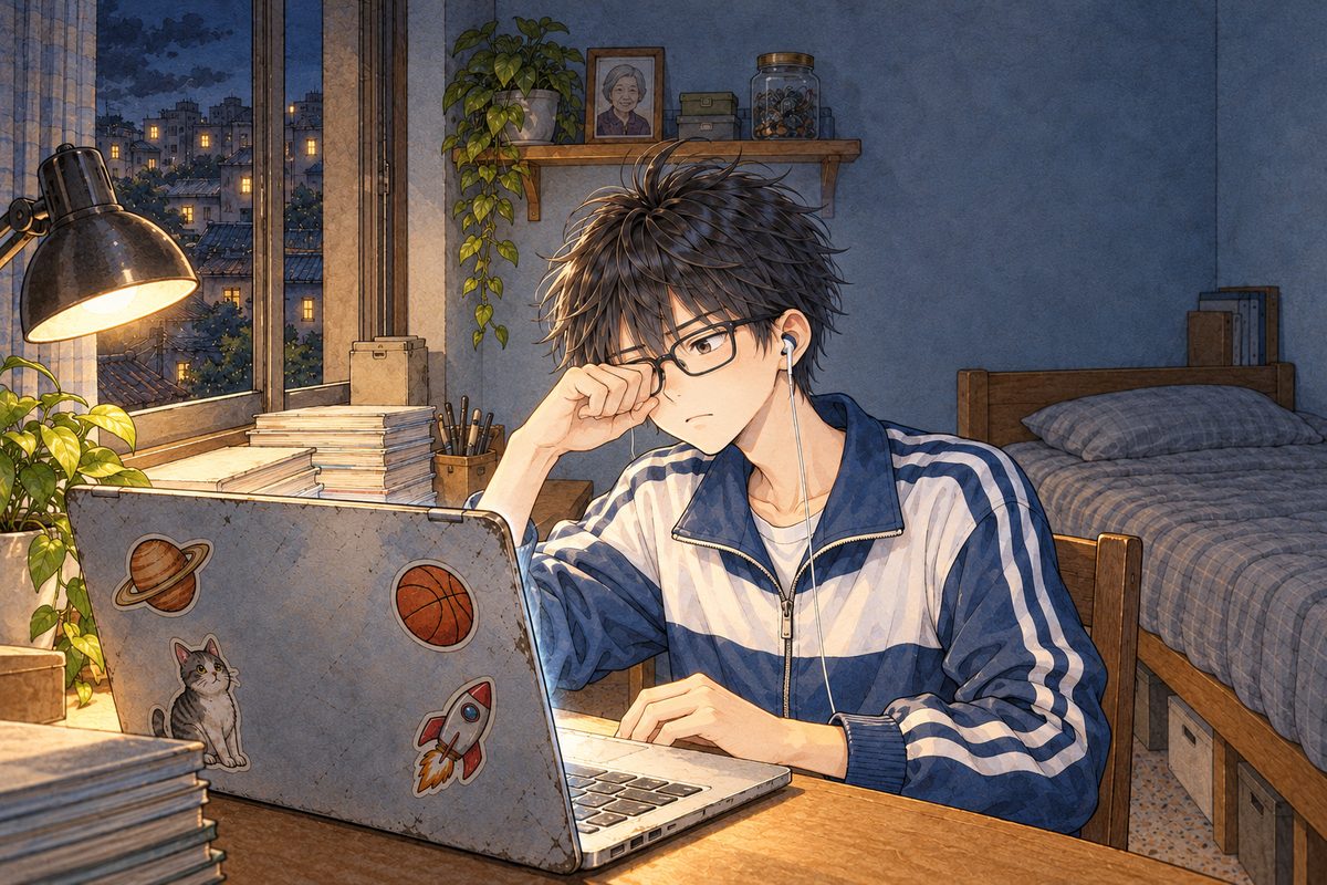 Night in Bridge City, the desk lamp the only warm light, the laptop's cold glow on his face. Haoran, turned three-quarters to the VIEWER'S LEFT so his LEFT ear with the white earbud shows, rubs one eye under his square glasses with his knuckle, tired and stubborn, still looking at his laptop. His face in the middle of the panel. The desk below is the quiet area.