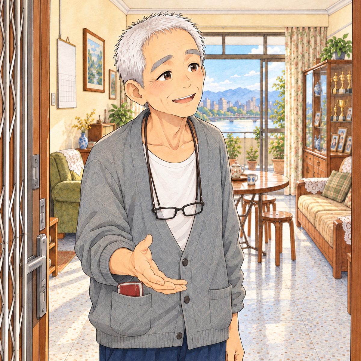 Afternoon, warm light from the balcony doors behind him. Grandpa in his grey cardigan stands just inside his front door, his glasses on their cord at his chest, and looks RIGHT at Mama off panel with a polite, kindly smile for a visitor, one hand waving her in. His face in the middle of the panel. His cardigan below is the quiet area.