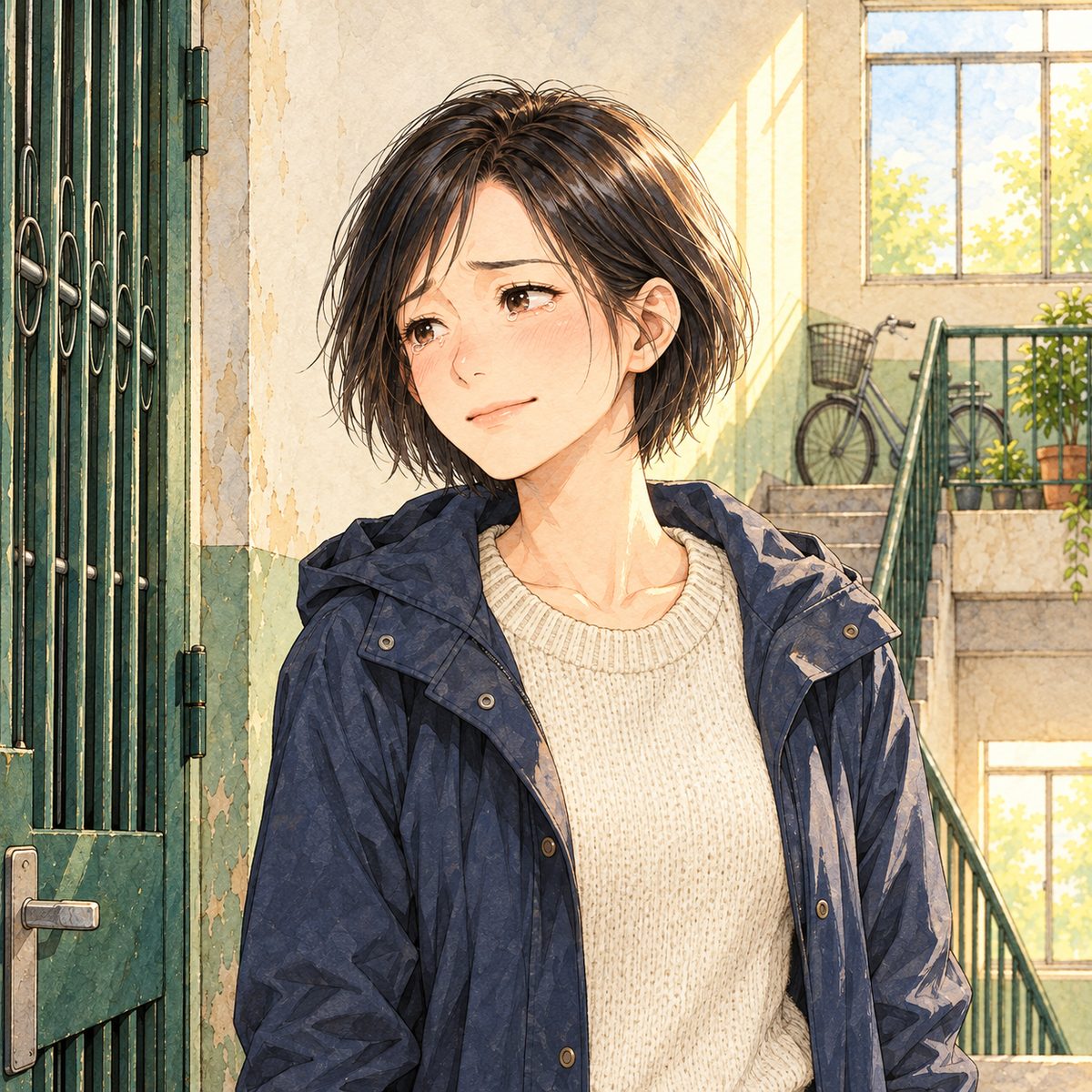 Afternoon, warm light from the high window on her face. Mama looks LEFT at Grandpa off panel; her smile has frozen and her eyes are filling. Her face in the middle of the panel. Her raincoat below is the quiet area.