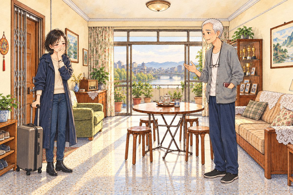 Afternoon, warm low sun through the balcony doors laying a gold stripe on the terrazzo floor. Mama stands just inside the front door on the LEFT, still in her raincoat, her suitcase beside her, one hand pressed over her mouth. Grandpa, on the RIGHT by the round folding table, turns back to her kindly, explaining as to a guest, one hand resting on the RIGHT pocket of his cardigan where his small red notebook is. Two faces in the middle band. The cream wall and ceiling above are the quiet area.