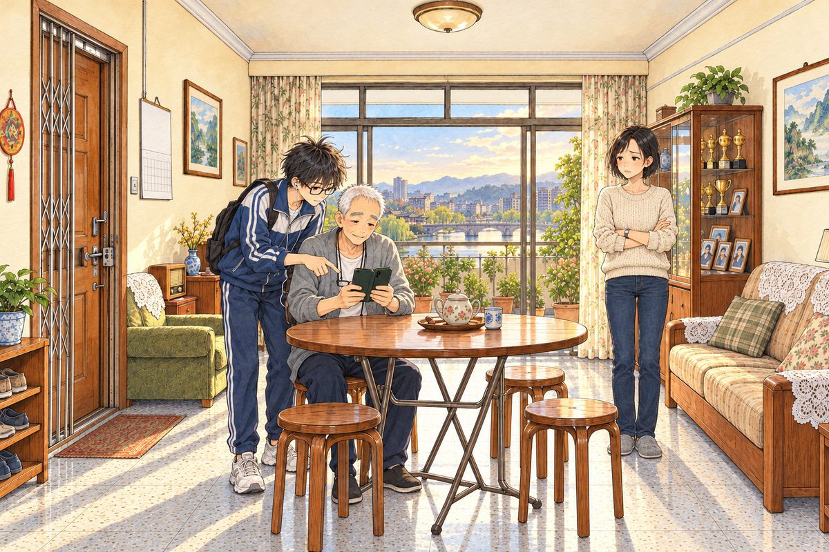Tuesday, five in the afternoon in Bridge City, gold light through the balcony doors. Grandpa sits at the round folding table holding his phone in its dark green flip cover in both hands, its screen towards him; Haoran, in his navy school tracksuit with his school bag still on one shoulder, bends beside him and points at the screen, facing us three-quarter so we see his LEFT ear with the white earbud. Across the room on the RIGHT, Mama in her oatmeal jumper stands by the balcony doors with her arms folded, wary. Three faces in the middle band. The cream wall above is the quiet area.