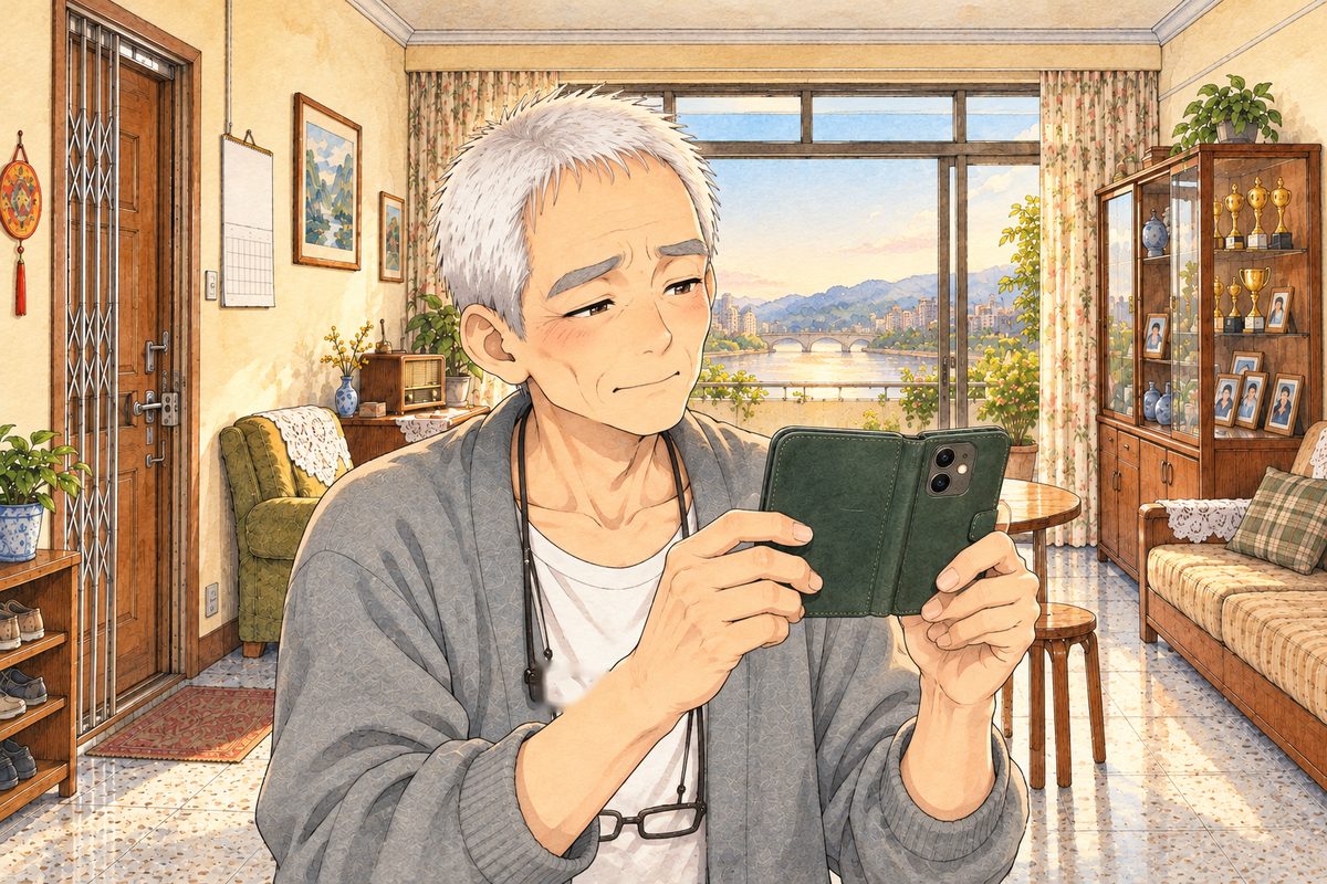 Late afternoon, gold light. Grandpa holds his phone up in both hands the way you take a photo, its screen towards HIM, its back towards Mama off panel on the RIGHT, and squints at it, doubtful. His face in the middle of the panel, above the phone. The phone and his hands below are the quiet area.