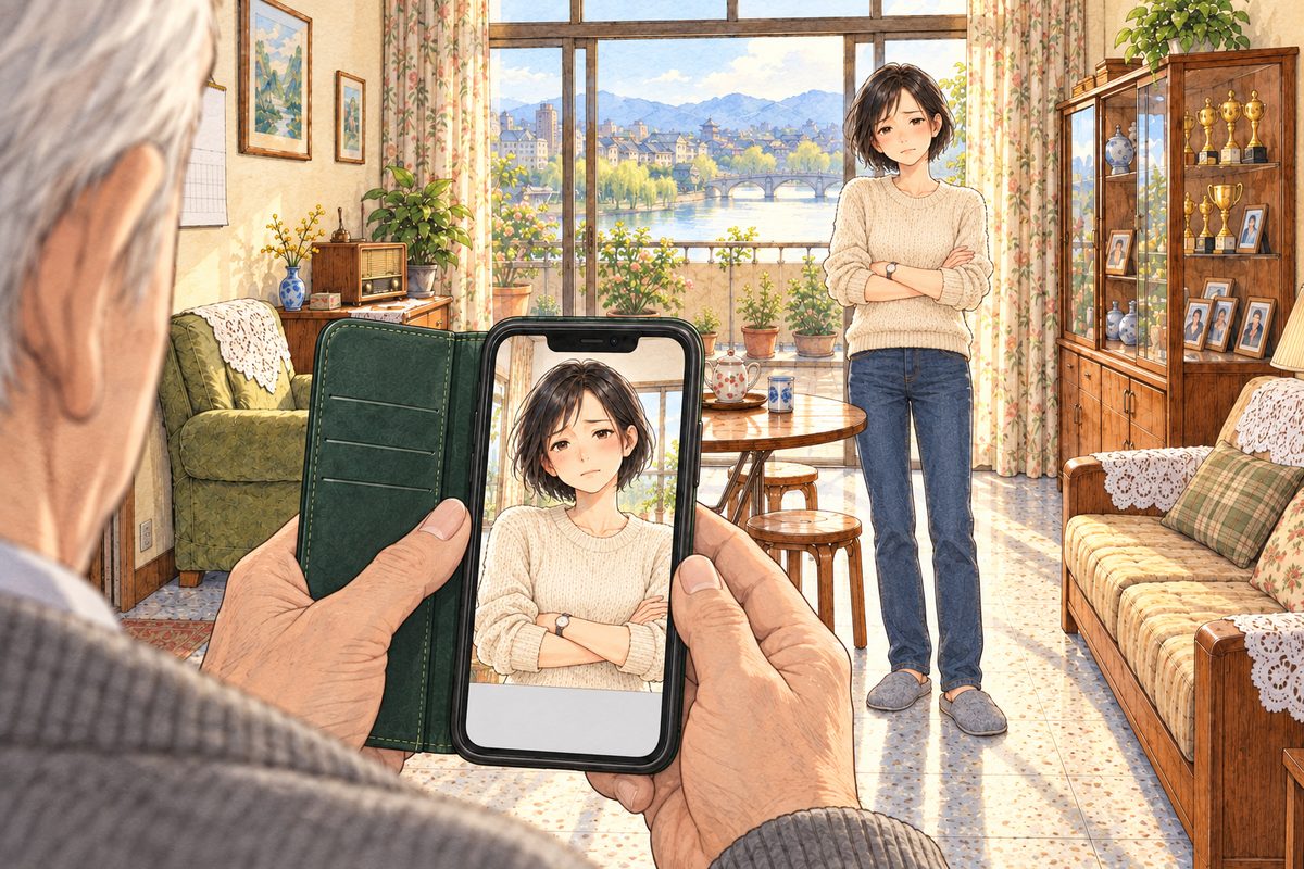 Late afternoon, gold light. Over Grandpa's shoulder (his white hair and grey cardigan at the edge, his face NOT seen), the phone screen in his two hands shows the camera picture: Mama standing by the balcony doors, her arms folded, her face in the upper middle of the screen; a plain pale band runs along the bottom of the screen. NO letters painted.