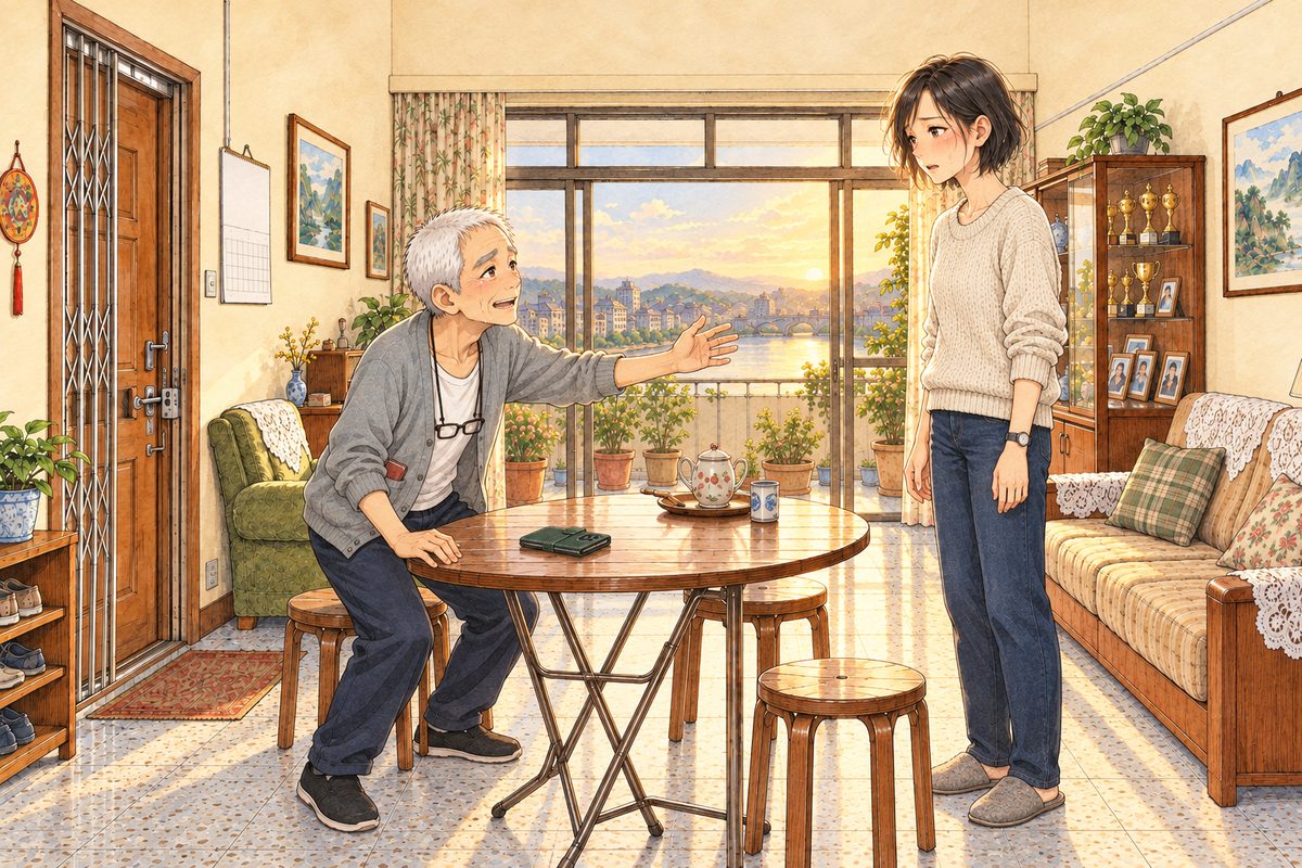 Late afternoon, gold light through the balcony doors behind Mama. Grandpa has lowered the phone to the table and looks across the room at Mama; his face crumples with relief, tears starting, and he half rises, reaching one big hand out to her. Mama's arms have dropped; she stares at him. Two faces in the middle band. The cream wall above is the quiet area.