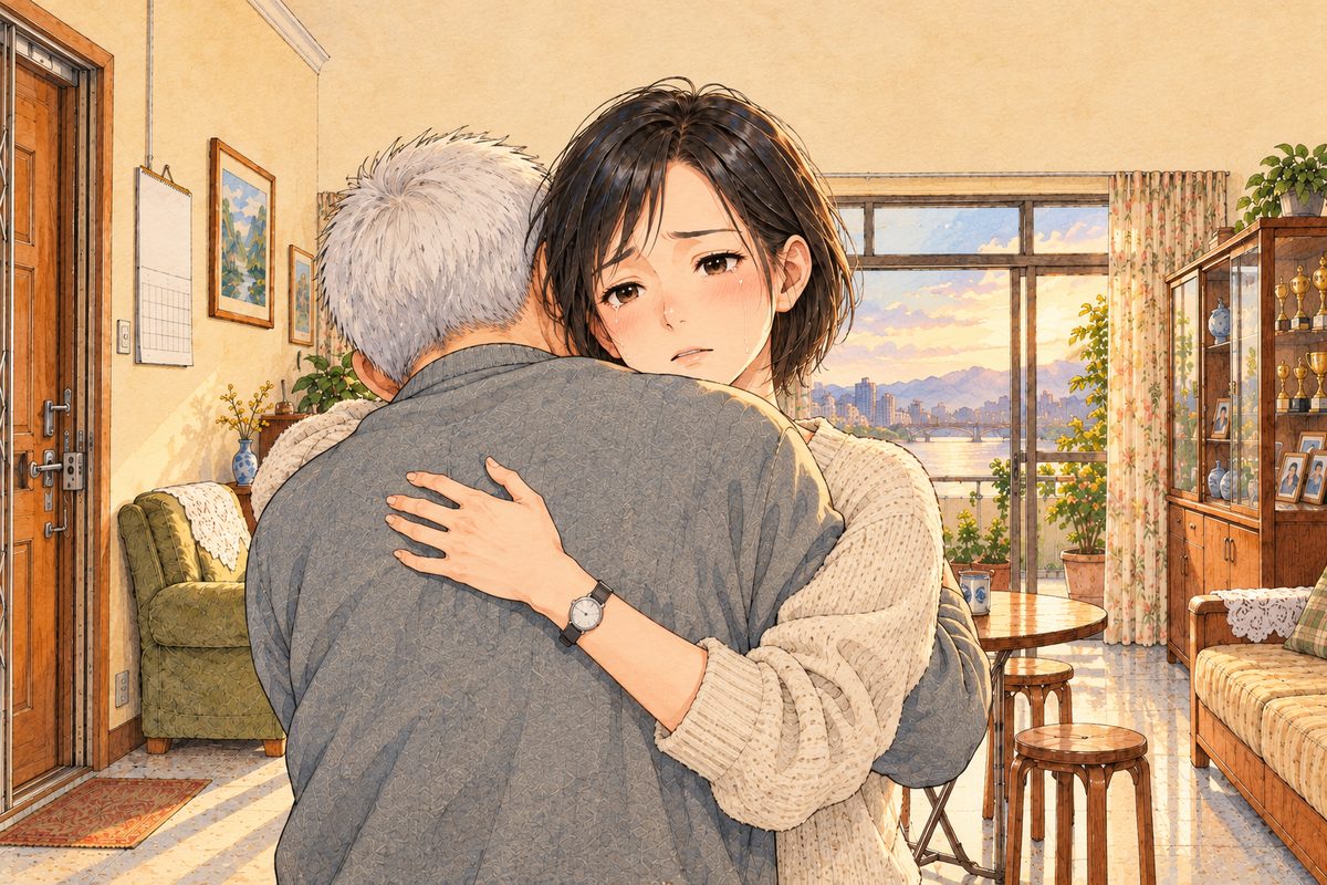 Late afternoon, the gold light fading. Grandpa holds Mama tight in both arms, his face hidden against her shoulder, his back to us, his shoulders shaking. Over his shoulder Mama's face looks towards us with her eyes open: tears on her cheeks and something hurt and far away in them, her hand flat on his back. Her face in the middle of the panel. The plain wall above is the quiet area.