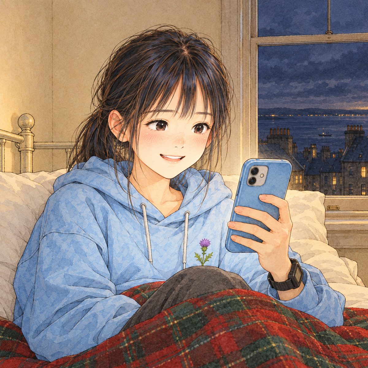 Night in Edinburgh, the reading lamp on. Xiaoyu sits up in bed holding her phone at the RIGHT edge of the panel, its screen towards her, glowing with happiness. Her face in the middle of the panel. The tartan blanket below is the quiet area.