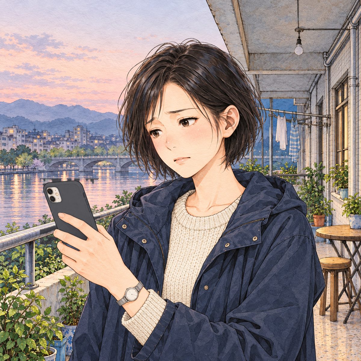 Dawn in Bridge City, grey-pink light. Mama holds her phone at the LEFT edge of the panel and looks at it, not smiling, tired. Her face in the middle of the panel. Her raincoat below is the quiet area.