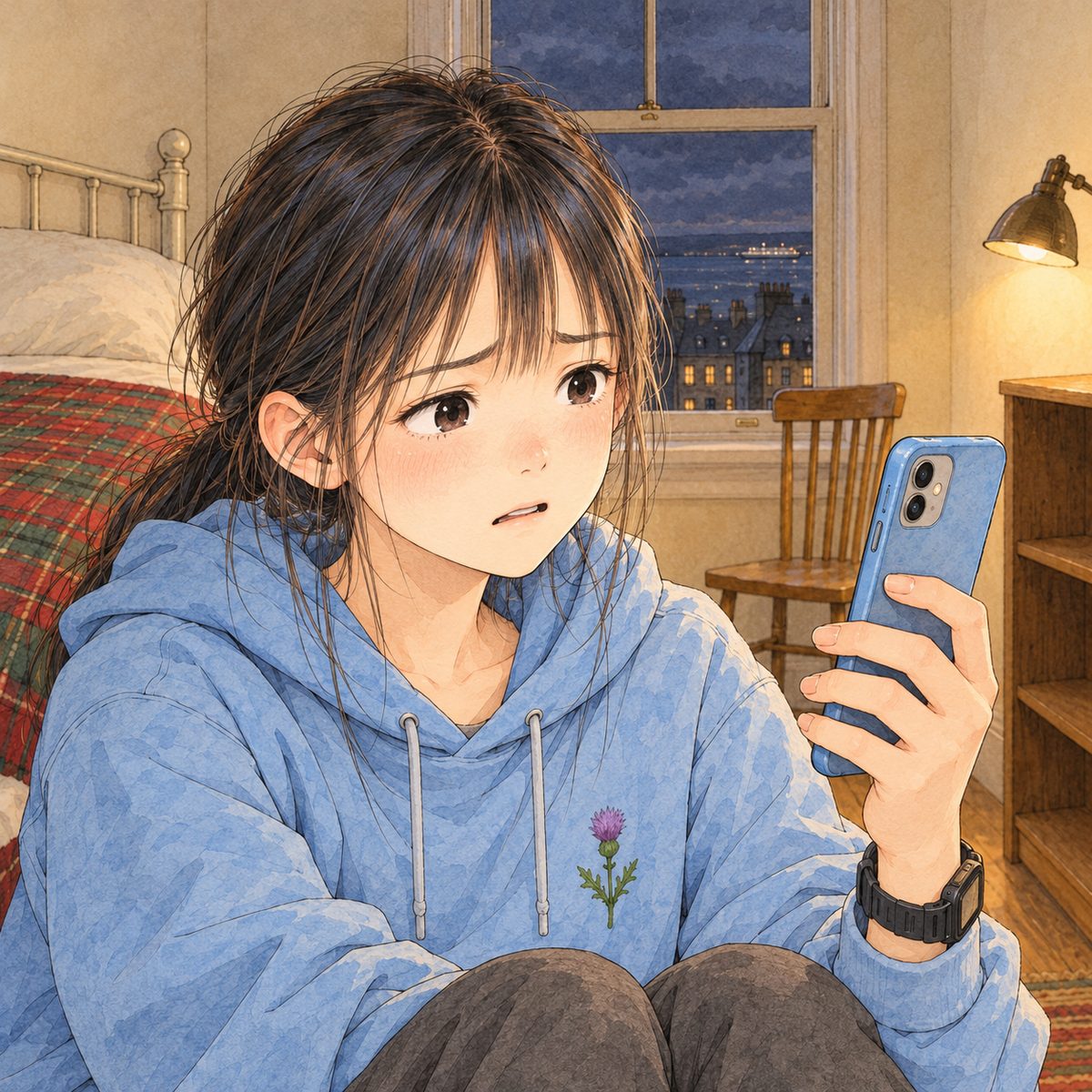 Night in Edinburgh, lamplight. Xiaoyu's smile falters; she frowns at the phone at the RIGHT edge, pleading. Her face in the middle of the panel. The blanket below is the quiet area.