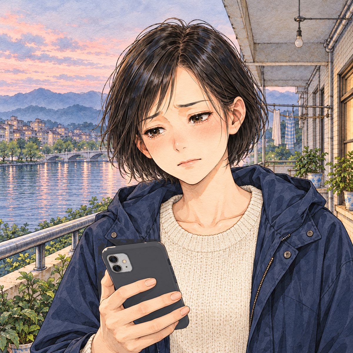 Dawn in Bridge City, grey-pink light. Mama has let the phone drop a little and looks down past it at the lake, her mouth set, her eyes wet. Her face in the middle of the panel. Her raincoat below is the quiet area.