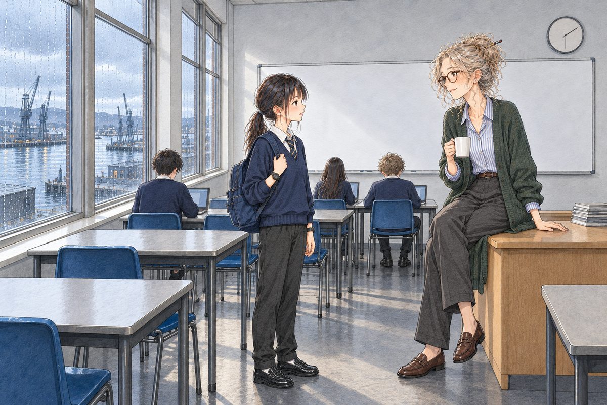 Thursday after school in Edinburgh, half past three, low cold sun slanting through the tall windows on the LEFT. Only three or four pupils, small, with their backs to us at laptops at the back. Xiaoyu in her school uniform stands at the front with her backpack on one shoulder, earnest, looking RIGHT; Ms Rennie sits on the edge of her desk on the RIGHT with her white mug, looking LEFT at her. Two faces in the middle band. The wiped-clean whiteboard and wall above are the quiet area.
