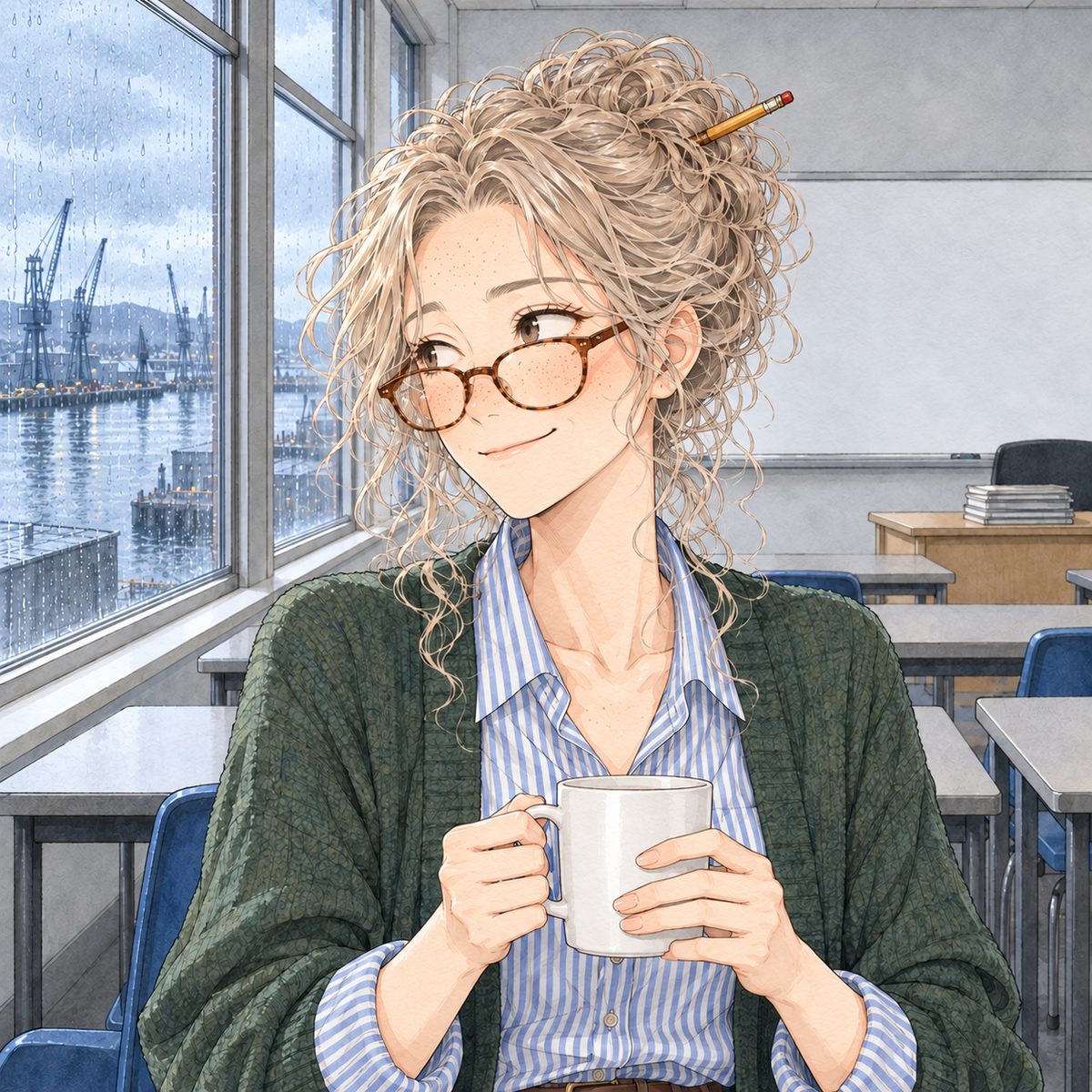 Thursday afternoon, cold sun on one side of her face. Ms Rennie peers LEFT at Xiaoyu over her round tortoiseshell glasses with a dry grin, her mug in both hands. Her face in the middle of the panel. Her cardigan and mug below are the quiet area.